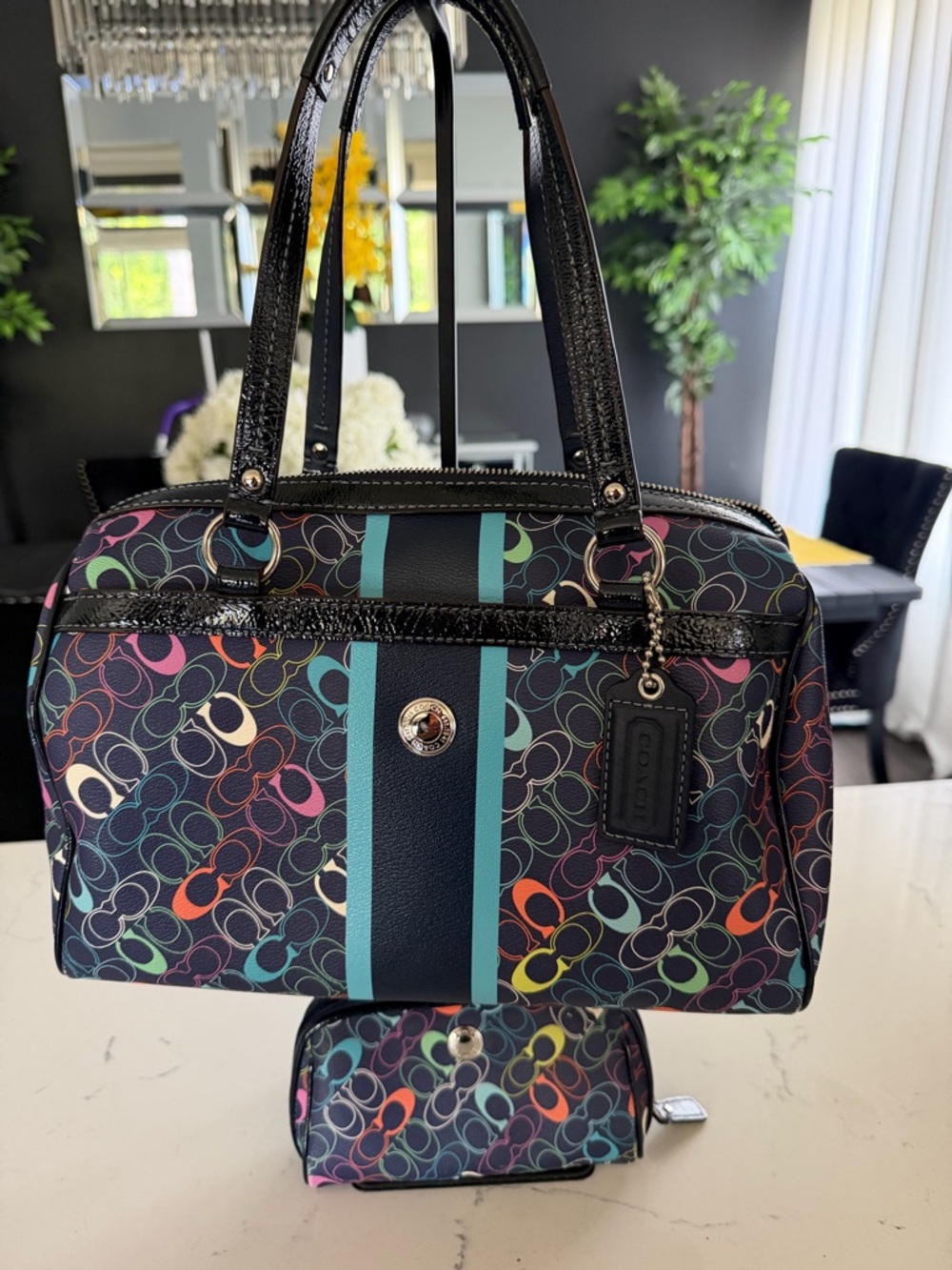 Coach Multicolor Logo Satchel with Black Patent Trim and Teal Stripes W Pouch - Picture 9 of 9